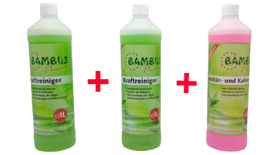 2Lt. Bambus Premium Kraftreiniger  + 1Lt. BAMBUS- Sanitär- und Kalkreiniger  3er Set - Duftkissen